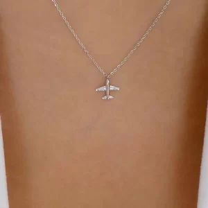 Rhinestone Airplane Charm Necklace Silver