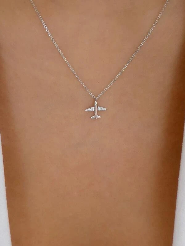 Rhinestone Airplane Charm Necklace Silver