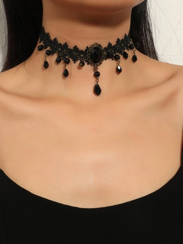 Bead Charm Choker Black