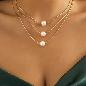 2pcs Faux Pearl Decor Layered Necklace Yellow Gold