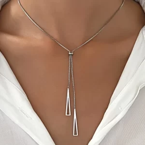 1pc Geometric Charm Y Lariat Necklace, Stainless Steel Jewelry Silver