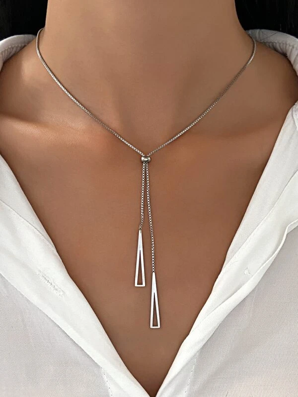 1pc Geometric Charm Y Lariat Necklace, Stainless Steel Jewelry Silver