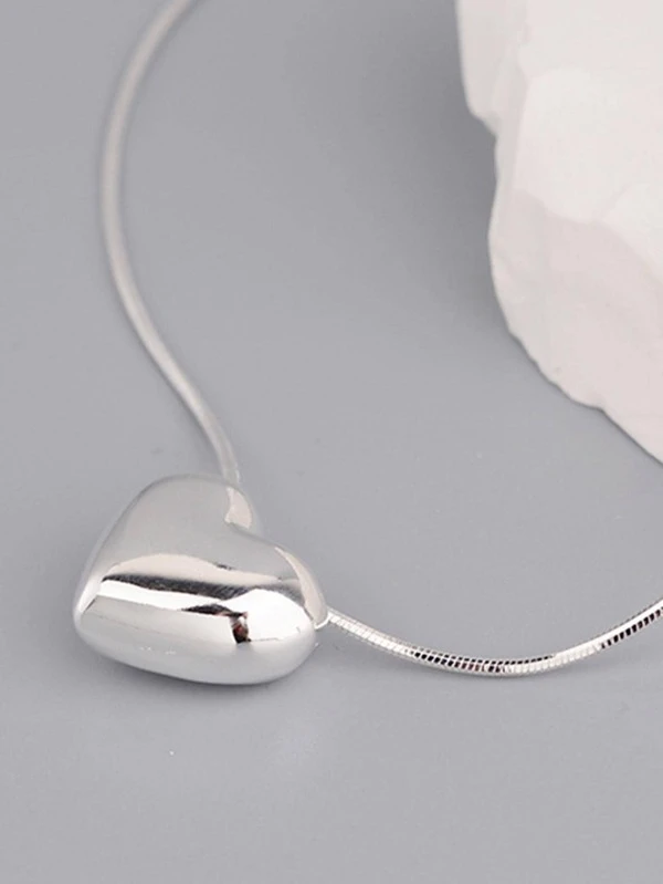 1pc 3D Smooth Heart Shaped Pendant Necklace For Women Couples Silver