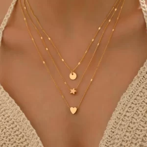 3pcs/set Heart & Star Charm Necklace Yellow Gold