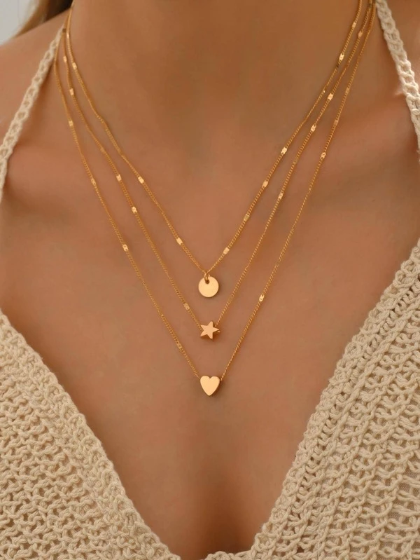 3pcs/set Heart & Star Charm Necklace Yellow Gold