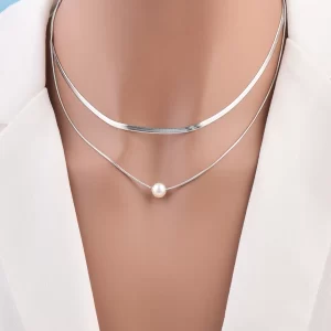 2pcs/Set Faux Pearl Decor Necklace Silver