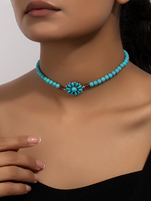 1 Pc Western Turquoise Decor Beaded Choker Necklace for Women Turquoise