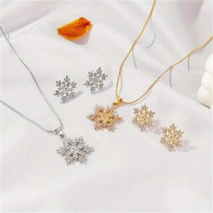 2pcs/set Christmas Style Zinc Alloy Jewelry Set, Including Snowflake Pendant Necklace And Snowflake Stud Earrings, Simple And Elegant Design, Gift For Christmas Multicolor