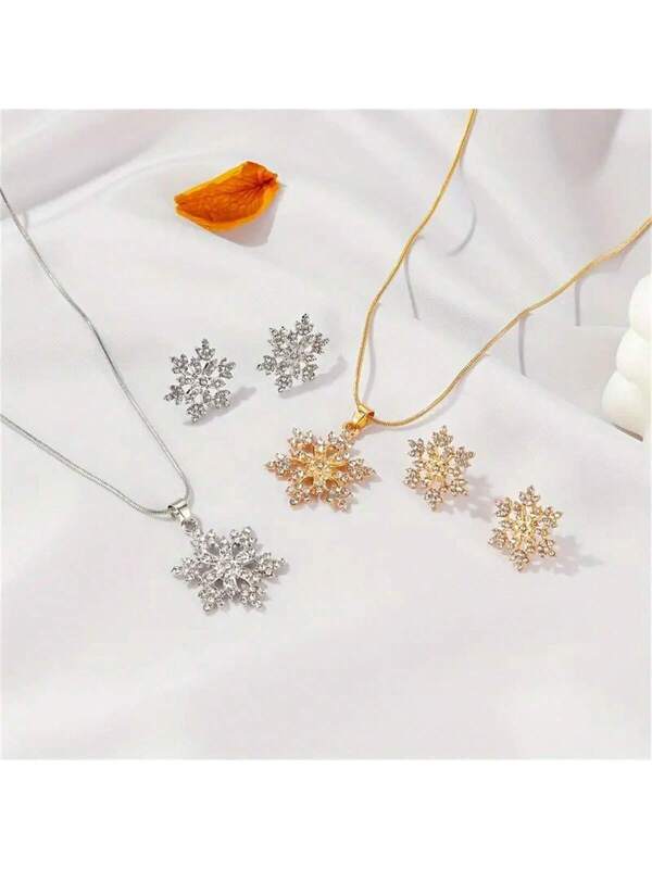 2pcs/set Christmas Style Zinc Alloy Jewelry Set, Including Snowflake Pendant Necklace And Snowflake Stud Earrings, Simple And Elegant Design, Gift For Christmas Multicolor