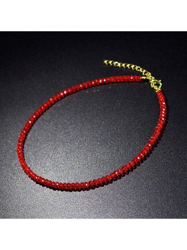 2024 New Red Crystal Beaded Necklace For Women, Simple Bohemian Style Lock Necklace, European And American Style Red