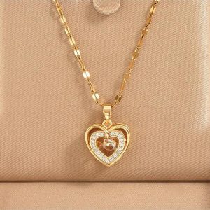 1pc Gold Plated Stainless Steel Chain Cubic Zirconia Inlaid Heart Shaped Pendant Necklace, Fashionable Design, Versatile For Women's Streetwear, Daily Life, Commute, Festival, Party Wear Yellow Gold