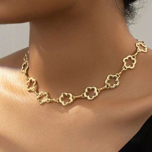 1pc Fashionable Hollow Out Flowers Decor Women's Necklace, Suitable For Daily Wear, Festival, Party, Gift Yellow Gold