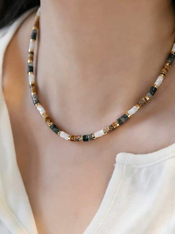 One Piece Retro & Niche Light Luxury Natural Stone & Mother Of Faux Pearl Beaded Necklace For Women, Collarbone Chain Style Multicolor