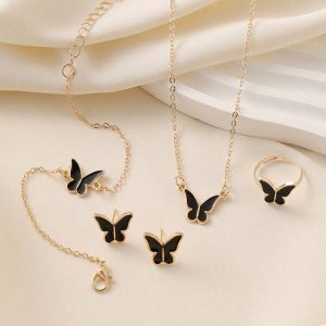 4pcs/Set Butterfly Design Jewelry Collection With Oil Drop Effect For Necklace, Earrings, And Ring Gold