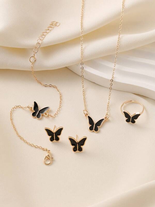 4pcs/Set Butterfly Design Jewelry Collection With Oil Drop Effect For Necklace, Earrings, And Ring Gold