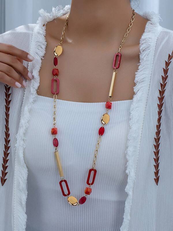 1pc Bohemian Style Gold Plated Geometric Shapes Combination Long Necklace Necklace