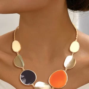 1pc European And American Fashionable Exaggerated Personalized Interlocking Chain Vintage Women's Necklace Large Orange Gold Necklace