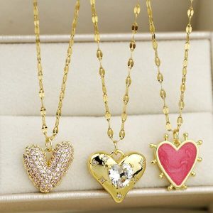 2pcs Handmade Stainless Steel & Titanium Steel Necklace Set, Summer Heart Series Necklace With 'Love You' Heart, Shiny Cubic Zirconia Multi-Layer Pendant, Collarbone Chain With Original Design, Suitable As Teacher's Day Gift, 2024 New Style Women Yellow Gold