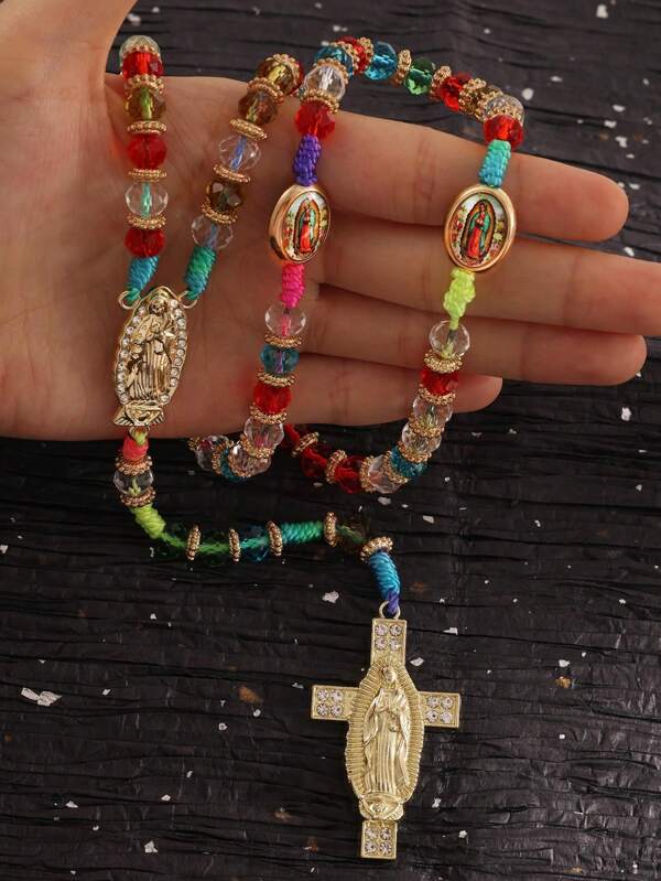 1pc Virgin Mary Cross Pendant Beads Chain Necklace,Crystal Beads Catholic Necklace Cross Pendant Virgin Mary Necklace Colorful Cross Pendant Necklace Beaded Necklace