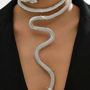 1pc Fashionable Exaggerated Snake Mesh Collar Necklace With Adjustable Fit Gold