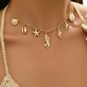 1pc Fashionable Seashell, Starfish & Mermaid Multiple Pendants Collar Necklace, Beach Vacation Style Ocean Breeze