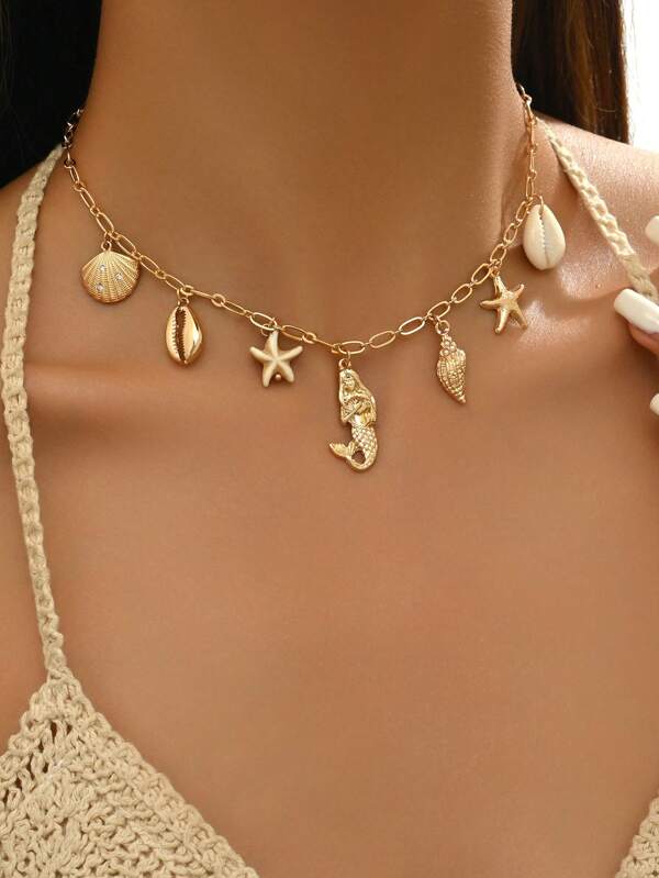 1pc Fashionable Seashell, Starfish & Mermaid Multiple Pendants Collar Necklace, Beach Vacation Style Ocean Breeze