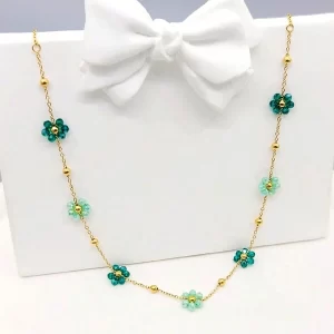 1pc Summer Fashionable Cute Girls' New Style Titanium Steel Small Flower Necklace, Colorful Beaded Steel Choker Design, Dating & Gift, Back-To-School, Wedding & Bohemian Holiday Style Mixed Green