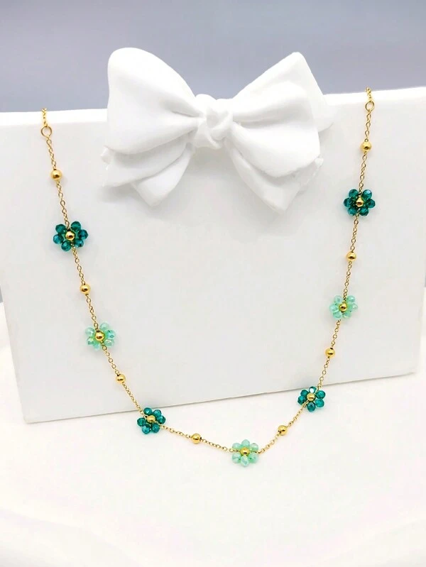 1pc Summer Fashionable Cute Girls' New Style Titanium Steel Small Flower Necklace, Colorful Beaded Steel Choker Design, Dating & Gift, Back-To-School, Wedding & Bohemian Holiday Style Mixed Green