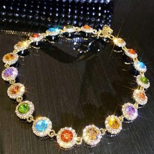 Elegant Trendy Stylish Colorful Rhinestones Necklace Decorative Accessories Holiday Birthday Party Gift For Girls Gold