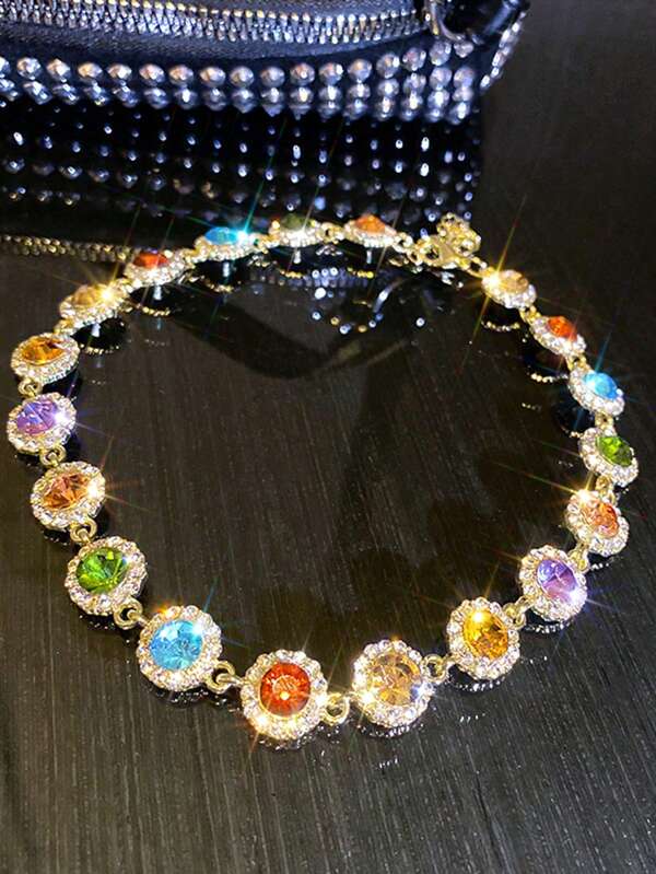 Elegant Trendy Stylish Colorful Rhinestones Necklace Decorative Accessories Holiday Birthday Party Gift For Girls Gold