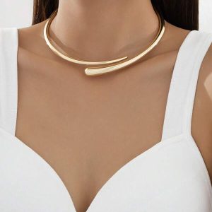 1pc Exquisitely Polished Metal Collar Neck Choker Necklace, Trendy Jewelry For Women Collar