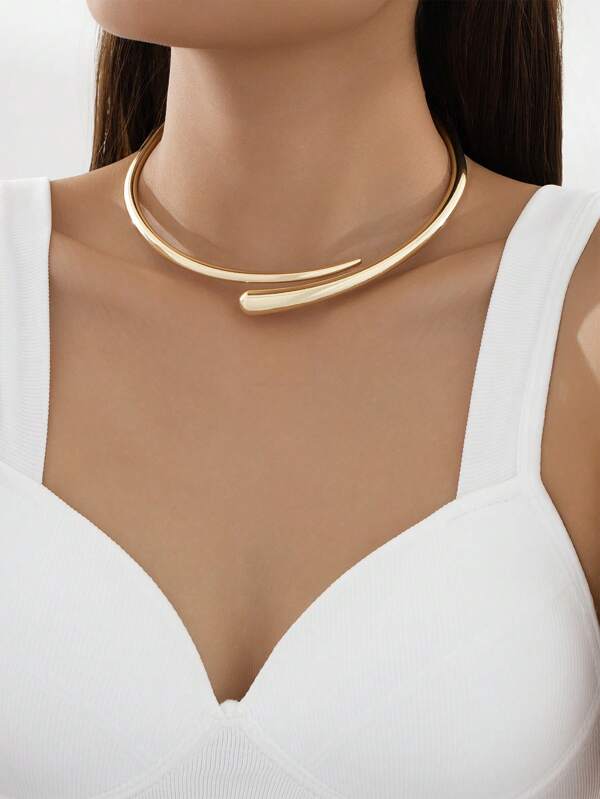 1pc Exquisitely Polished Metal Collar Neck Choker Necklace, Trendy Jewelry For Women Collar