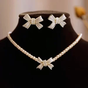 3pcs Set Exquisite Faux Pearl Bow Necklace & Earrings, Exclusive Design For Women, Ideal Gift For Girlfriend Beige