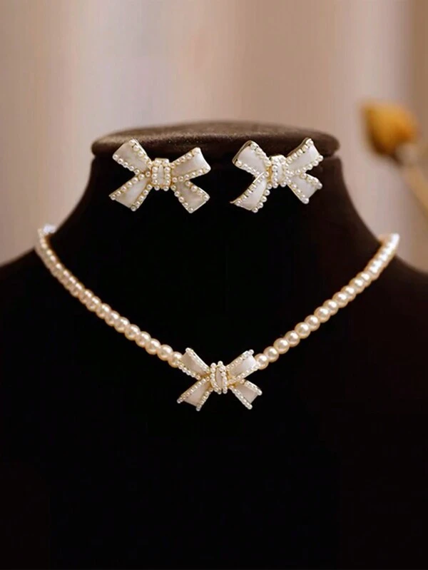 3pcs Set Exquisite Faux Pearl Bow Necklace & Earrings, Exclusive Design For Women, Ideal Gift For Girlfriend Beige