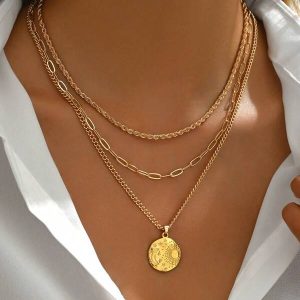 3pcs/Set Coin Pendant Necklace, Minimalist Twisted Choker Necklaces For Women Daily Wear Embossed Gold Coins