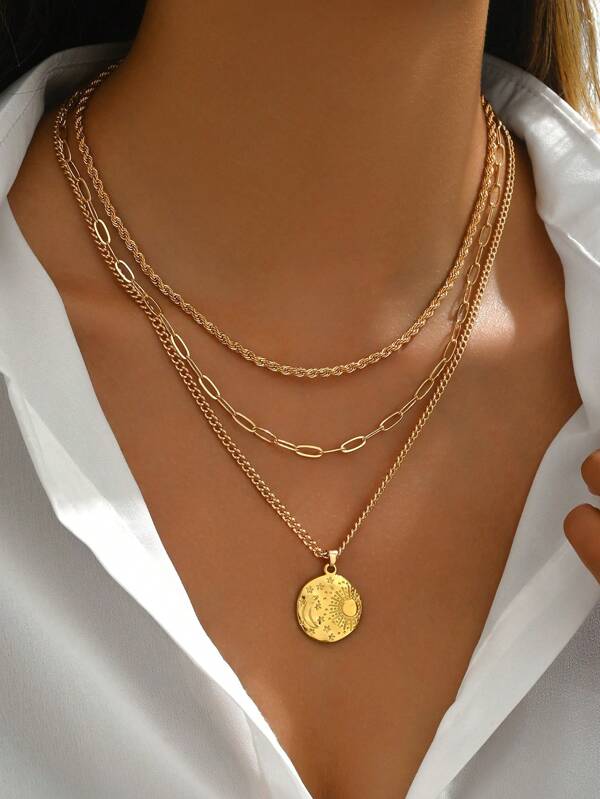 3pcs/Set Coin Pendant Necklace, Minimalist Twisted Choker Necklaces For Women Daily Wear Embossed Gold Coins