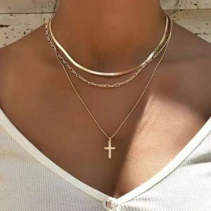 3pcs/Set Trendy Gold Stainless Steel Wire Chain, Copper Ball Chain & Cross Charm Multi-Layer Necklace Yellow Gold