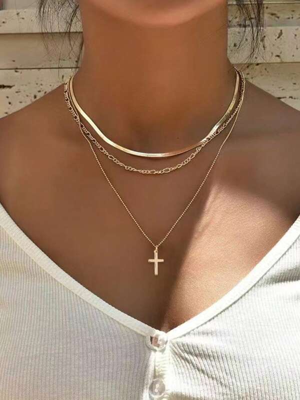 3pcs/Set Trendy Gold Stainless Steel Wire Chain, Copper Ball Chain & Cross Charm Multi-Layer Necklace Yellow Gold