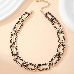 1pc European Style Trendy Leopard Print Chain Necklace, Minimalistic Geometric Collarbone Necklace Multicolor