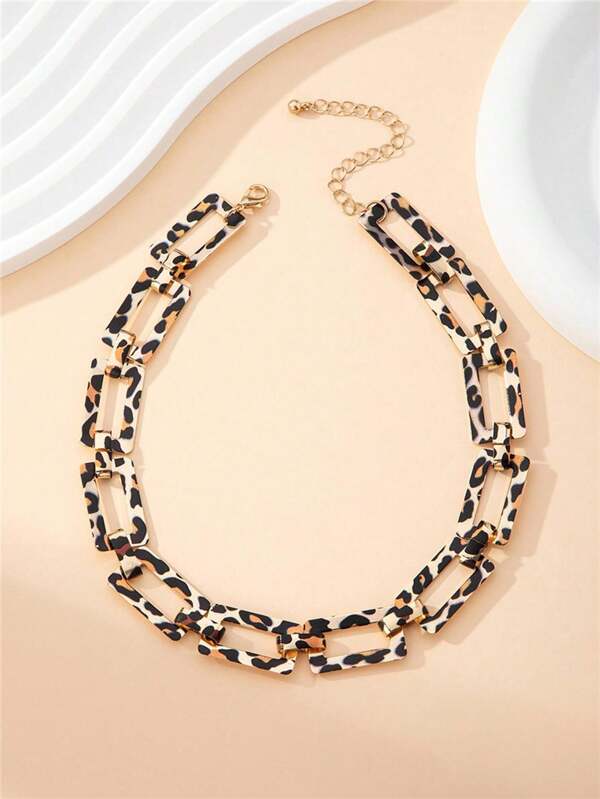 1pc European Style Trendy Leopard Print Chain Necklace, Minimalistic Geometric Collarbone Necklace Multicolor