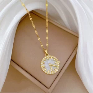 1pc Fashion Cubic Zirconia Faux Shell Pendant Necklace, Stainless Steel Jewelry With Clock Pattern, Gift For Women Daily Wear X1266-clock