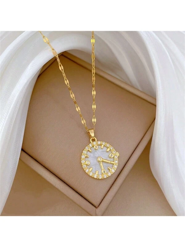 1pc Fashion Cubic Zirconia Faux Shell Pendant Necklace, Stainless Steel Jewelry With Clock Pattern, Gift For Women Daily Wear X1266-clock