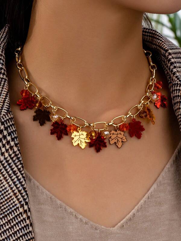 1pc Acrylic Maple Leaves Autumn Charms Necklace, Random Leaf Color Multicolor