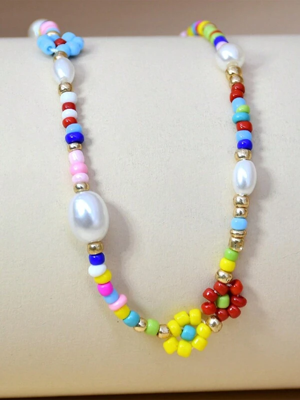 Handmade Color Beaded Floral Decor Necklace, Vintage Rainbow Seed Faux Pearl Choker Colorful