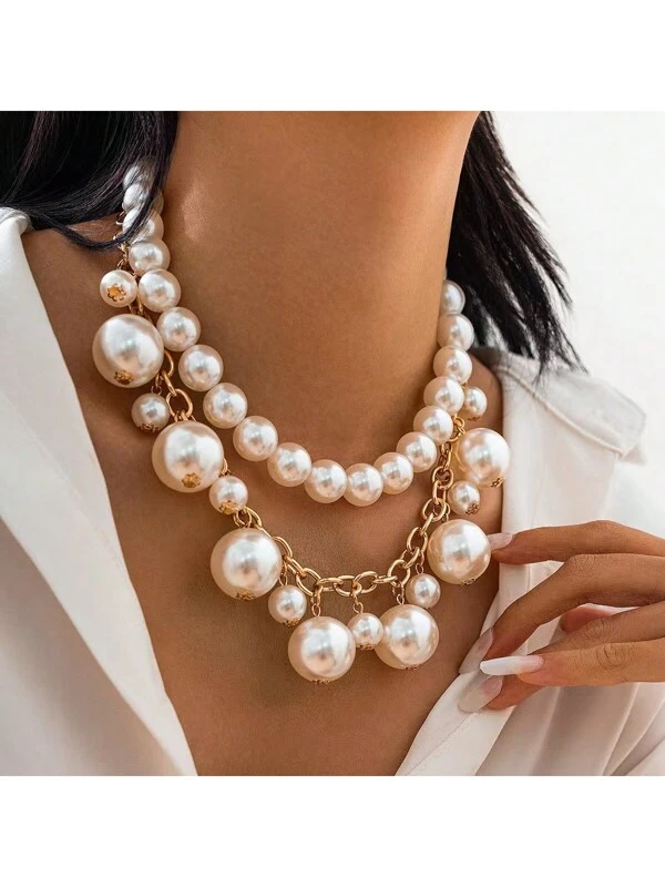 1pc European And American Cross-Border Jewelry, Elegant Pearl Beads Pendant Necklace, French Fashion Multi-Layer Alloy Collarbones Chain For Women White