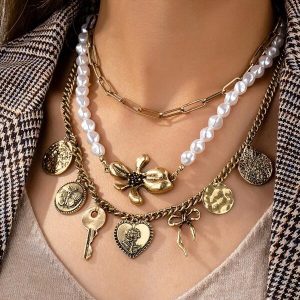 3 Pcs Layering Charm Necklaces , Key Bow Coin Heart Locket Charms Necklace , Layered Faux Pearl Beads Necklaces Set Multicolor