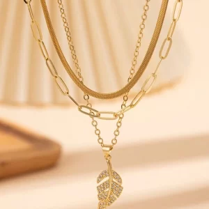 3pcs Gold-Plated Cubic Zirconia Inlay Fashionable Minimalist Multi-Layer Leaf Necklace Set, Versatile For Formal Occasions And Daily Wear Gold