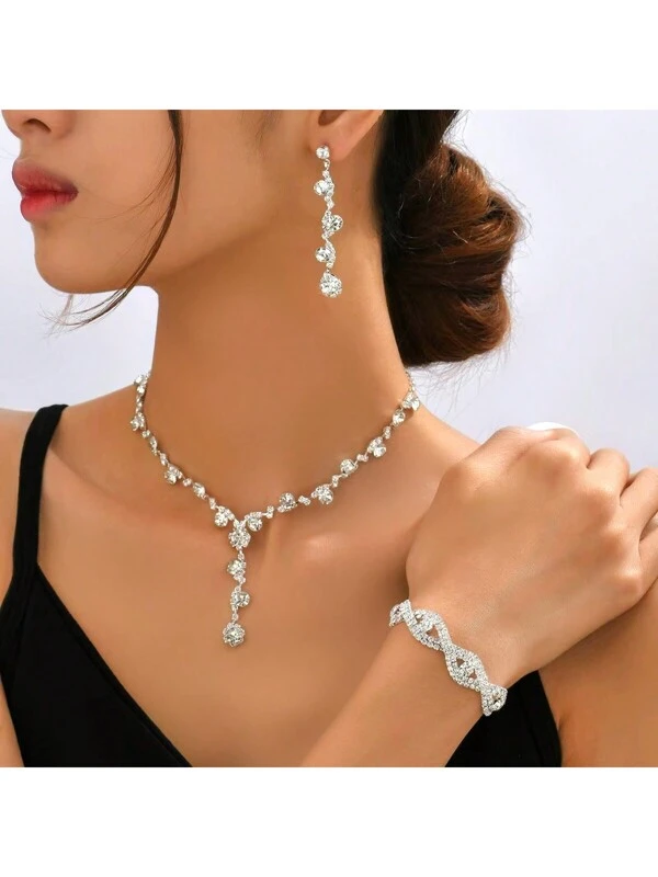 1set Elegant Sparkling Rhinestone Necklace, Bracelet And Earrings 3pcs Jewelry Set, Suitable For Women Party & Daily Wear Chain