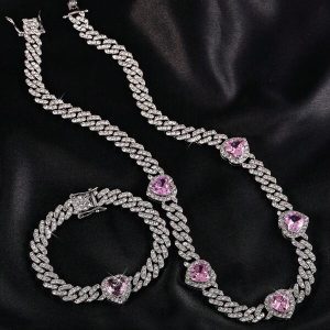 2pcs Hip Hop Fashion Ice Crystal Chain Love Gemstone Women Necklace Set Bracelet Gift Daily Match Or Gift Love Jewelry Chain